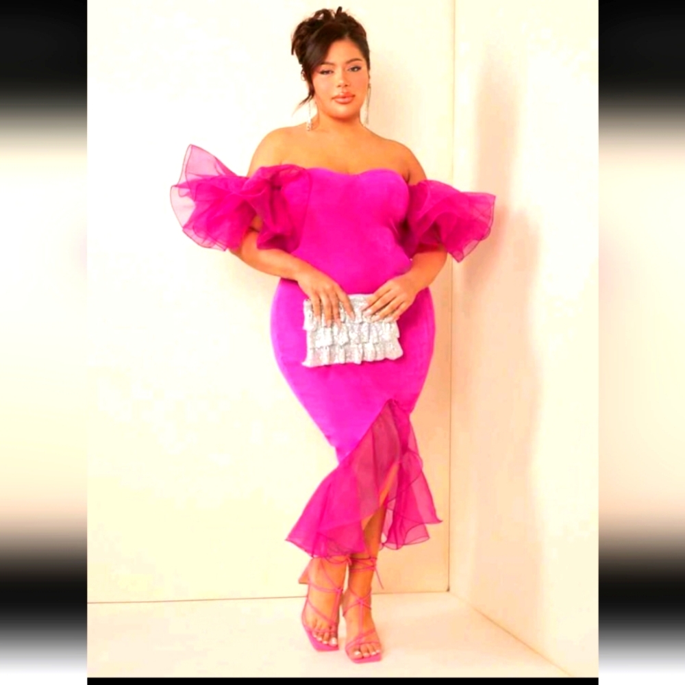 Pink Ruffled Mermaid Off Shoulder Dress